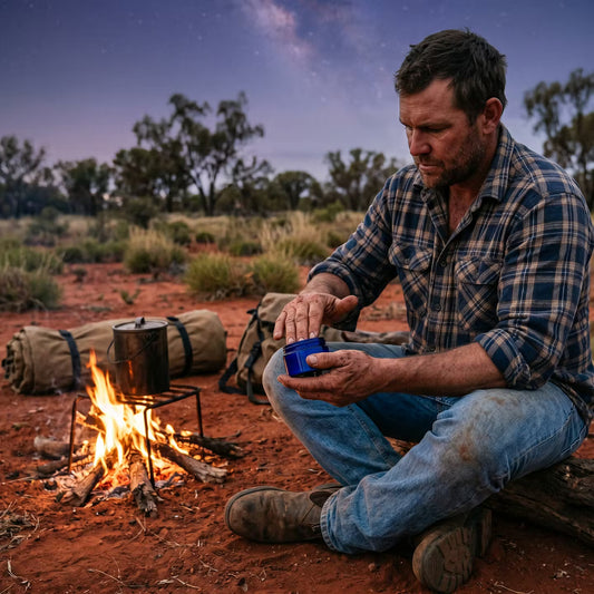 Man sitting by a campfire in the wilderness under a starry sky putting on Aussie Bush Balm