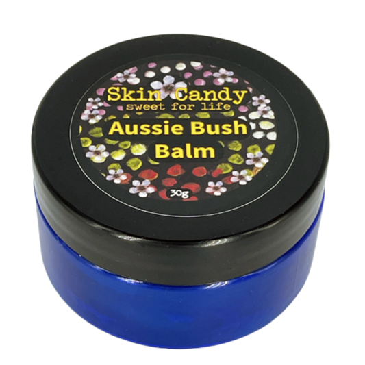 Blue container of Aussie Bush Balm with a decorative lid on a white background
